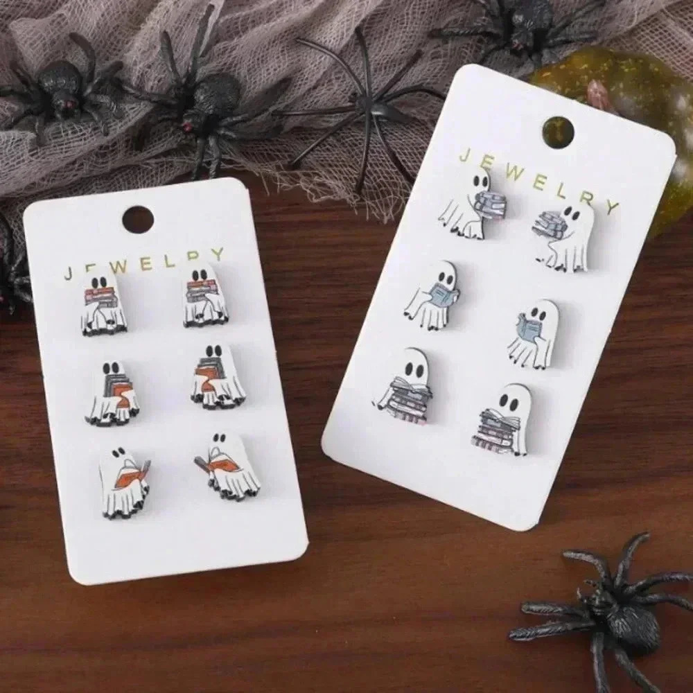 3 pair ladies fun Halloween red and white ghosts reading books stud earrings